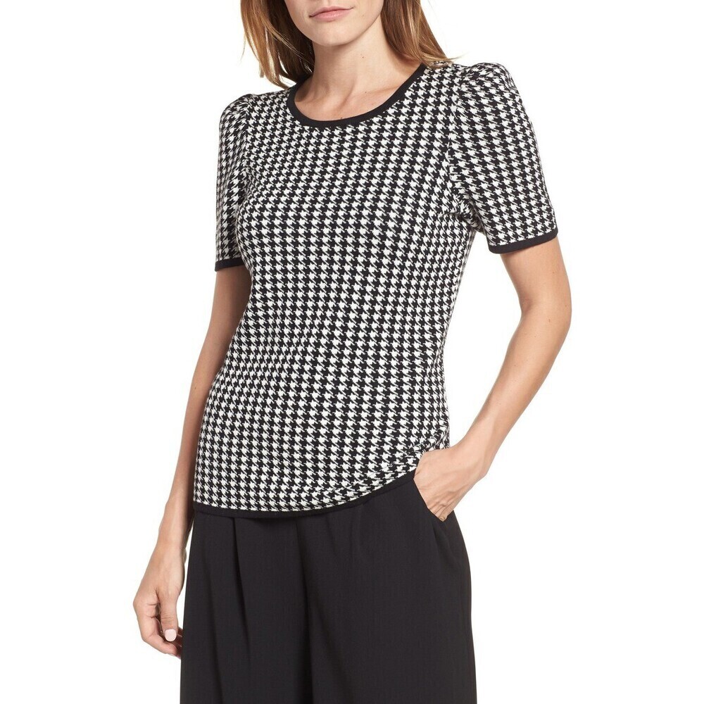 Vince Camuto women's Puff Shoulder Sweater Houndstooth short sleeve Size M